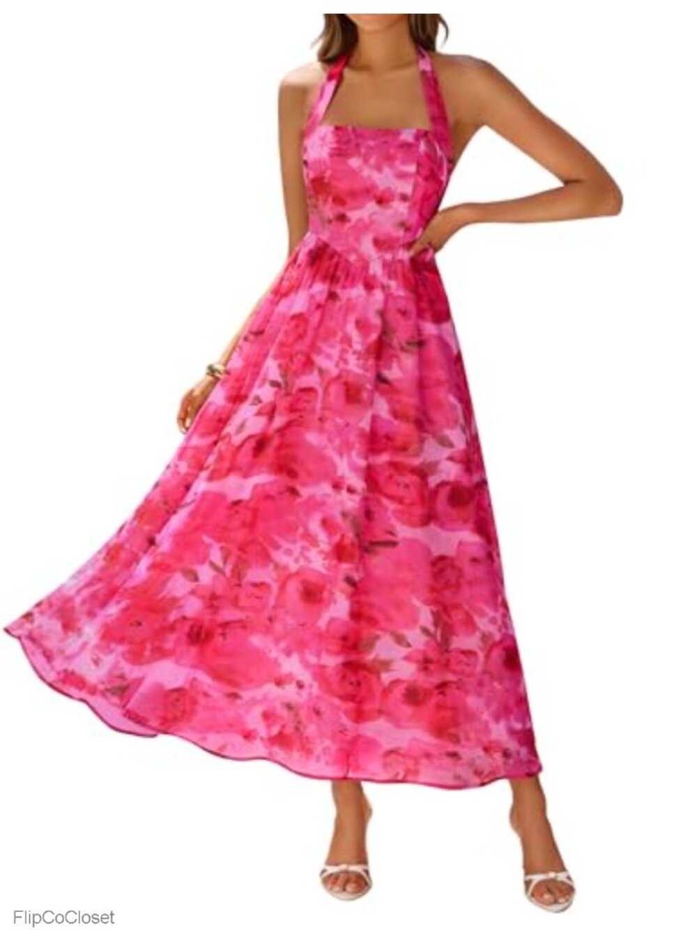 Floral Halter Maxi Dress Sleeveless A-Line Summer
